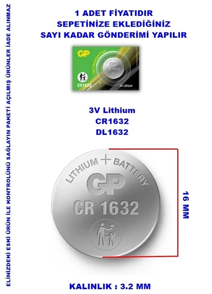 GP CR-1632 3V Araç Kumanda Pili (Para Pil) 1 Adet ürün görseli 1