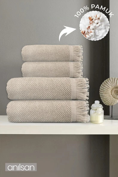4'lü Bej Jelena Havlu Seti %100 Pamuk  - 2 Adet El Havlusu 50x90 ve 2 Adet Banyo Havlusu 70x140 ürün görseli 1