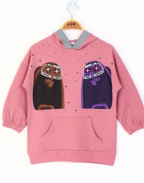 Toontoy Kız Çocuk Oversize Kapüşonlu Cepli Düşük Omuz Sweatshirt - Neon Baskılı & 2 İplik ürün görseli 1