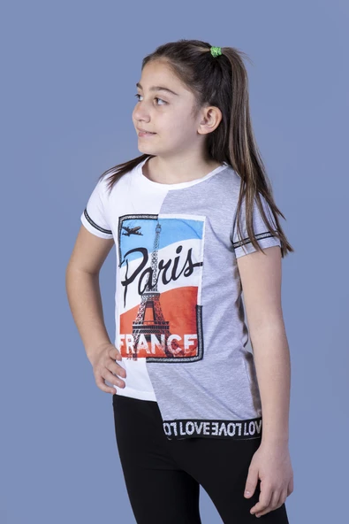 Toontoy Kız Çocuk Paris Baskılı Şeritli Tişört ürün görseli 1