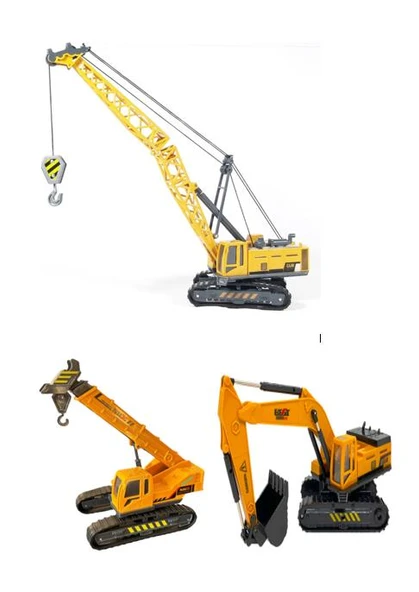 Oyuncak İş Makinaları Ekskavatör Paletli Vinç Kule Vinç 3 lü Metal Set ürün görseli 1