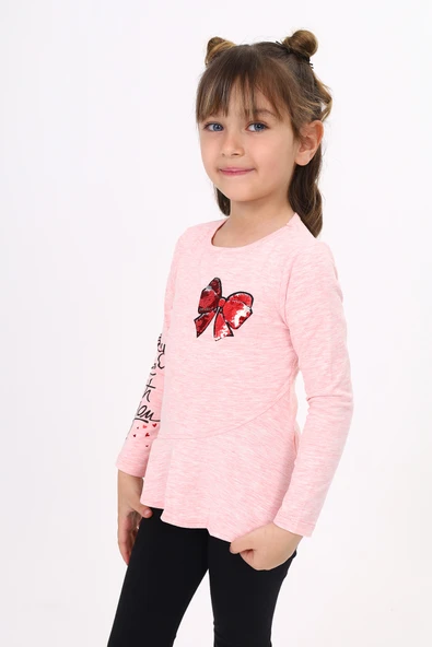Toontoy Kız Çocuk Göğsü Pullu Fiyonklu Nakışlı T-Shirt ürün görseli 1