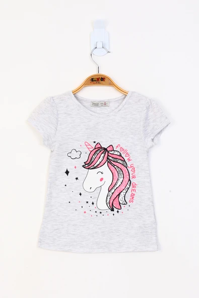Toontoy Kız Çocuk Unicorn Baskılı Pul İşlemeli Tişört ürün görseli 1