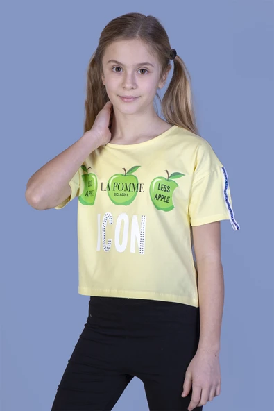 Toontoy Kız Çocuk Crop Model Elma Baskılı Tişört ürün görseli 1