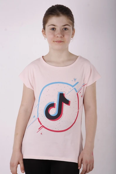 Toontoy Kız Çocuk Ön Arka Tiktok Baskılı Taş İşlemeli Tişört ürün görseli 1