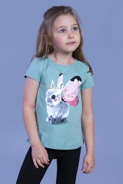 Toontoy Kız Çocuk Tavşan Baskılı Pul İşlemeli Tişört ürün görseli 1