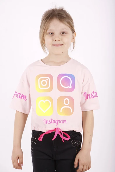 Toontoy Kız Çocuk Instagram Baskılı Crop Tişört ürün görseli 1