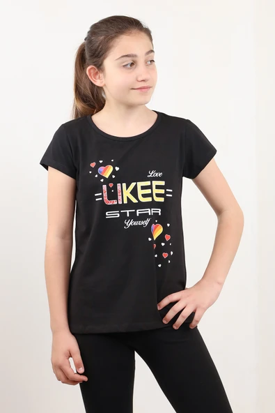 Toontoy Kız Çocuk Likee Star Kalp Baskılı Tişört ürün görseli 1