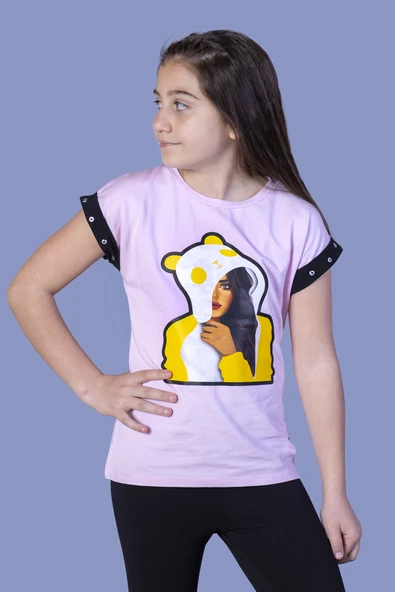 Toontoy Kız Çocuk Kız Baskılı Kolları İnci Detaylı Tişört ürün görseli 1