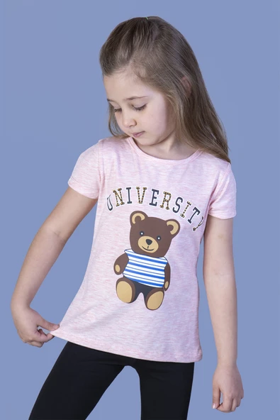 Toontoy Kız Çocuk Baskılı Bisiklet Yaka Kısa Kollu Tişört ürün görseli 1