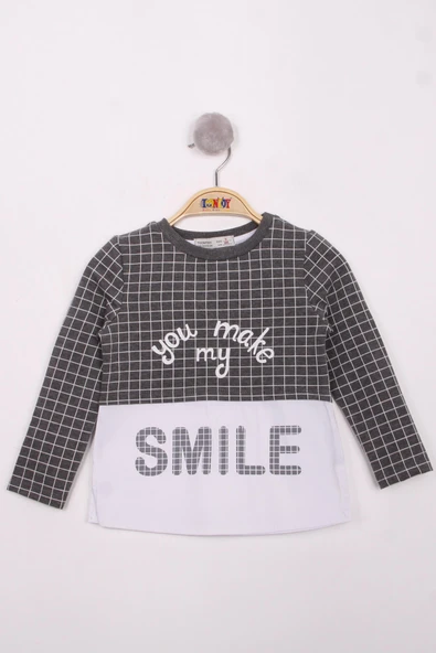 Toontoy Kız Çocuk Kareli Kumaşlı Smile Baskılı T-Shirt ürün görseli 1
