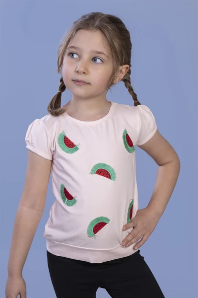 Toontoy Kız Çocuk Karpuz Nakışlı Tişört ürün görseli 1