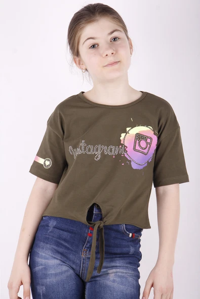 Toontoy Kız Çocuk Instagram Baskılı Göbekten Bağlamalı Tişört ürün görseli 1