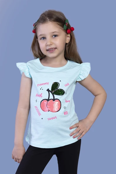 Toontoy Kız Çocuk Baskılı Bisiklet Yaka Kolu Fırfırlı Tişört ürün görseli 1