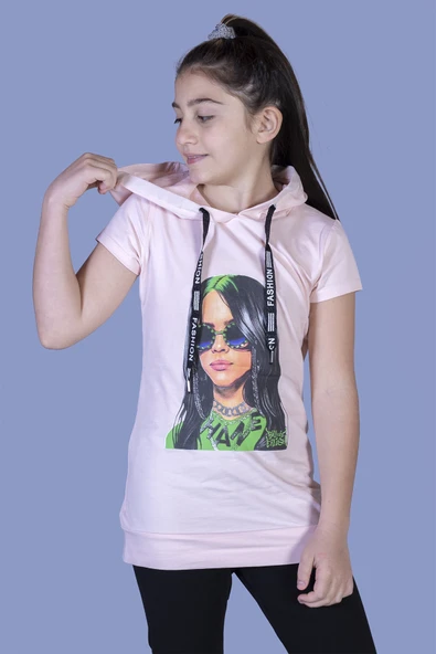 Toontoy Kız Çocuk Billie Eilish Baskılı Kapüşonlu Tişört ürün görseli 1