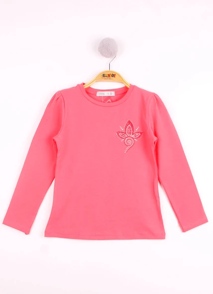 Toontoy Kız Çocuk Göğsü Çiçek Nakışlı T-Shirt ürün görseli 1