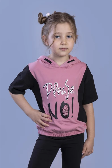 Toontoy Kız Çocuk Kapüşonlu Garni Detaylı Baskılı Tişört ürün görseli 1