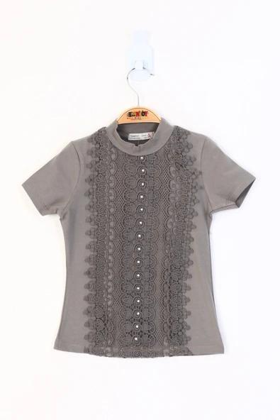 Toontoy Kız Çocuk Önü Dantelli İnci Detaylı T-Shirt ürün görseli 1
