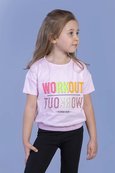 Toontoy Kız Çocuk Workout Baskılı Taş İşlemeli Tişört ürün görseli 1