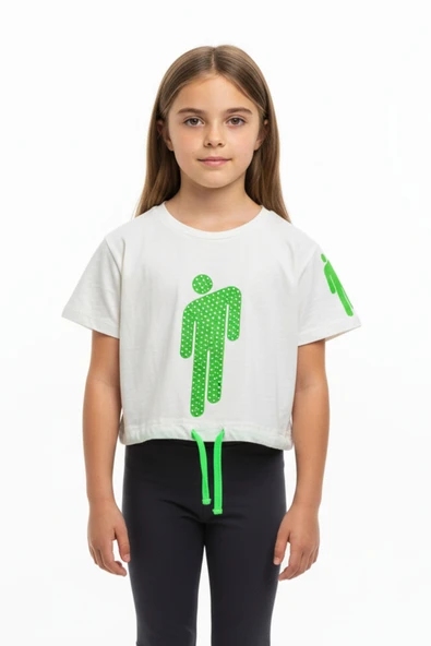 Toontoy Kız Çocuk Crop Model Baskılı Taş İşlemeli Tişört ürün görseli 1