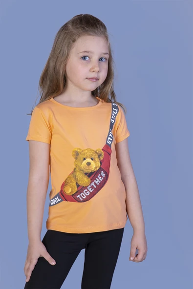 Toontoy Kız Çocuk Baskılı Bisiklet Yaka Kısa Kollu Tişört ürün görseli 1