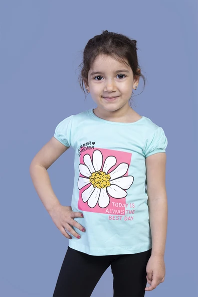 Toontoy Kız Çocuk  Bisiklet Yaka Kolu Lastik  Baskılı Taş İşlemeli Tişört 11159 ürün görseli 1