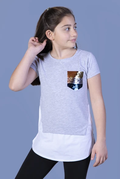 Toontoy Kız Çocuk Göğsü Cepli Pul Nakışlı Tişört ürün görseli 1