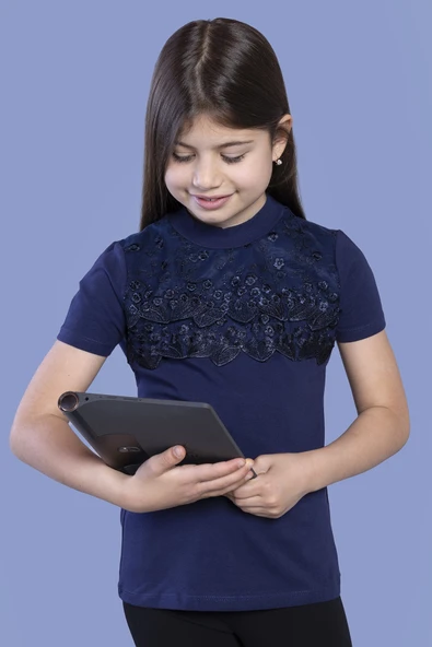 Toontoy Kız Çocuk Önü Çiçek Dantelli T-Shirt ürün görseli 1