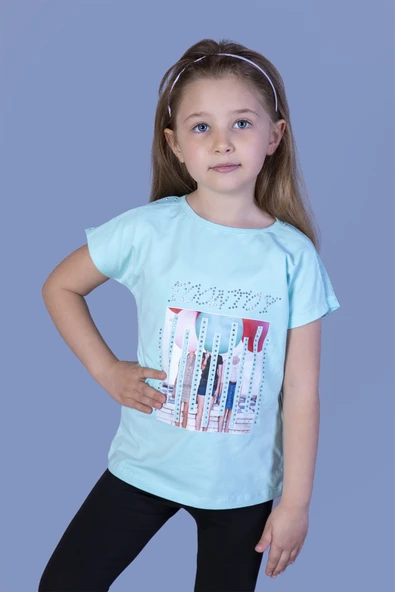 Toontoy Kız Çocuk Dijital Baskılı Taş İşlemeli Tişört ürün görseli 1