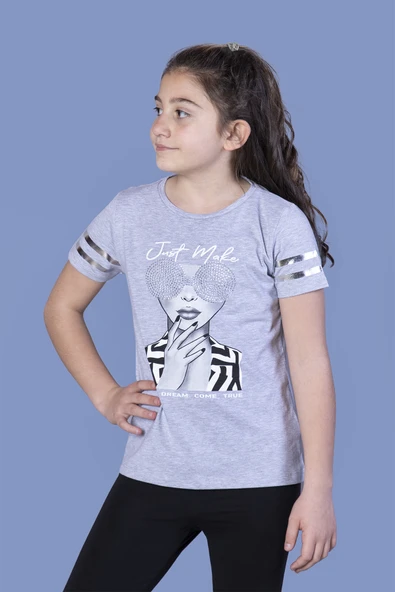 Toontoy Kız Çocuk Baskılı Taş İşlemeli Arkası Tül Detaylı Tişört ürün görseli 1