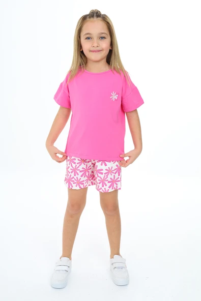 Toontoy Kız Çocuk 2'li Takım Baskılı Bisiklet Yaka T-Shirt & Beli Lastikli Şort ürün görseli 1