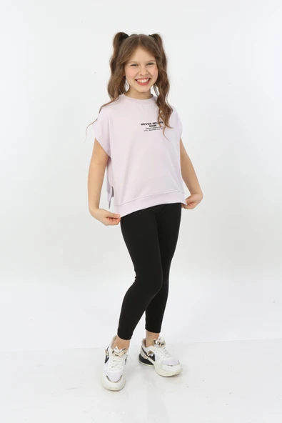 Toontoy Kız Çocuk Oversize Baskılı Bisiklet Yaka Kısa Kollu Yırtmaçlı Tişört ürün görseli 1