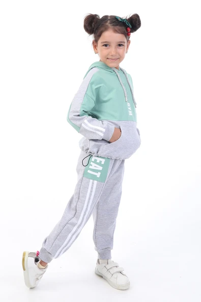 Toontoy Kız Çocuk 2'li Takım Kapüşonlu Cepli Sweatshirt & Beli Paçası Lastikli Jogger Eşofman Altı - Renk Bloklu & Bant Detaylı & 2 İplik ürün görseli 1