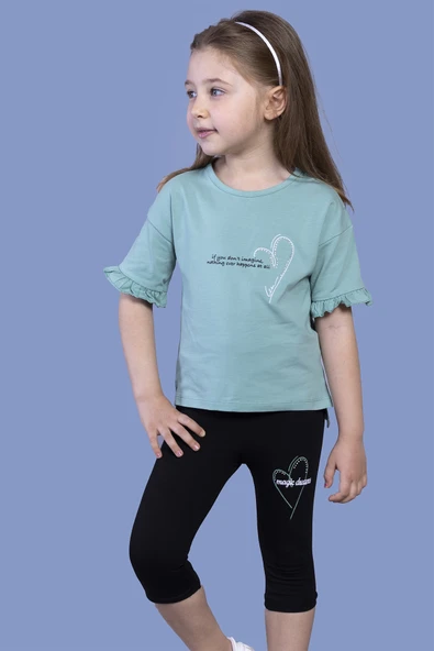 Toontoy Kız Çocuk 2'li Takım Baskılı Bisiklet Yaka Kolu Fırfırlı T-Shirt & Basic Düz Crop Tayt ürün görseli 1