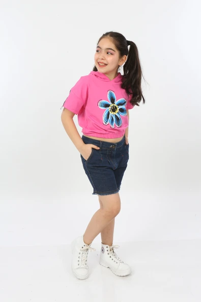 Toontoy Kız Çocuk Kapüşonlu Kısa Kollu Beli Lastikli  Baskılı Tişört 22234 ürün görseli 1