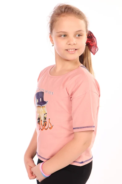 Toontoy Kız Çocuk Baskılı Bisiklet Yaka Kısa Kollu Tişört ürün görseli 1