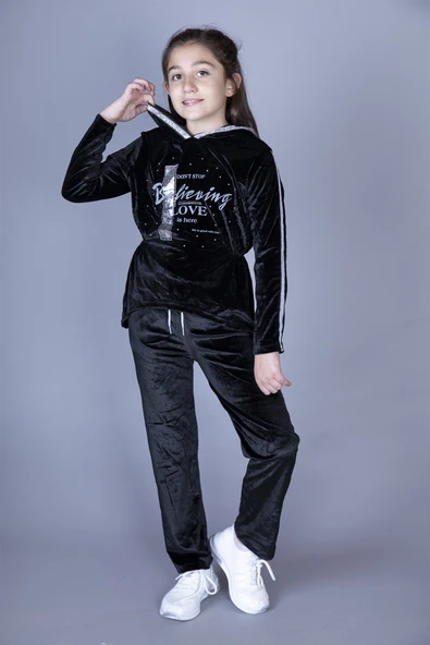 Toontoy Kız Çocuk 2'li Kadife Takım Baskılı Kapüşonlu Sweatshirt & Beli Lastikli Cepli Eşofman Altı - Şerit Detaylı ürün görseli 1