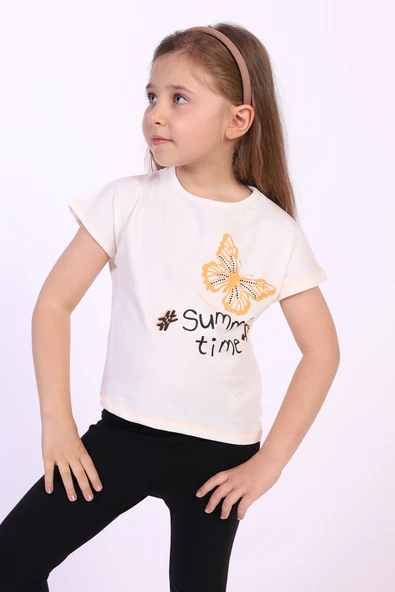 Toontoy Kız Çocuk Baskılı Bisiklet Yaka Kısa Kollu Tişört ürün görseli 1