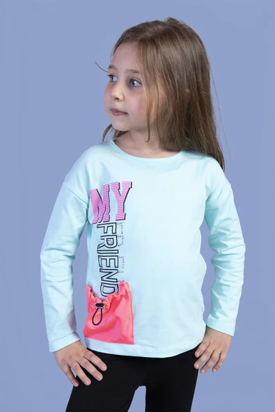 Toontoy Kız Çocuk Cep Detaylı Baskılı Tişört ürün görseli 1