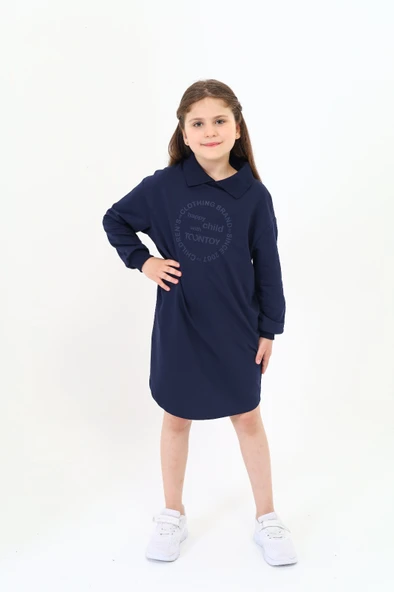 Toontoy Kız Çocuk Baskılı Oversize Polo Yaka Uzun Kollu Elbise - ürün görseli 1