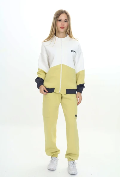 Toontoy Kız Çocuk 2'li Takım Baskılı Dik Yaka Fermuarlı Sweatshirt &  Beli Paçası Lastikli Cepli Jogger Eşofman Altı - Renk Bloklu 3 İplik Şardonlu ürün görseli 1