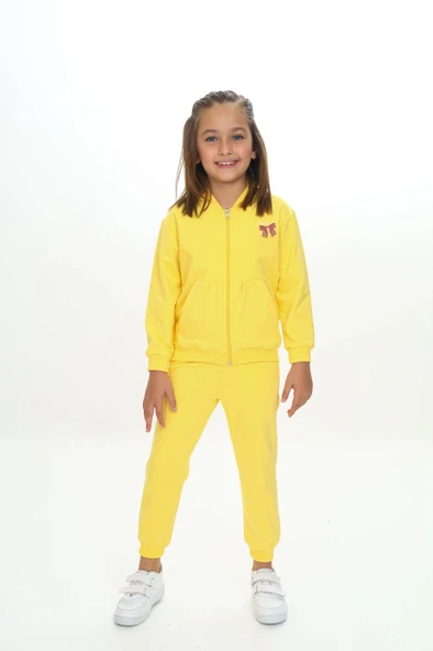 Toontoy Kız Çocuk 2'li Takım Baskılı Kapüşonlu Cepli Sweatshirt & Beli Paçası Lastikli Jogger Eşofman Altı - Renk Bloklu & 2 İplik ürün görseli 1