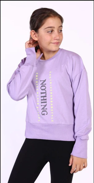 Toontoy Kız Çocuk Regular Fit Bisiklet Yaka Düşük Omuz Baskılı Yırtmaçlı Sweatshirt - 2 İplik ürün görseli 1