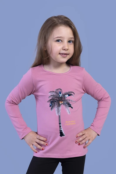 Toontoy Kız Çocuk Palmiye Baskılı Pul İşlemeli Tişört ürün görseli 1