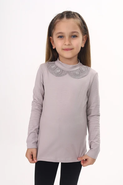 Toontoy Kız Çocuk Yakası Dantel Detaylı Tişört ürün görseli 1