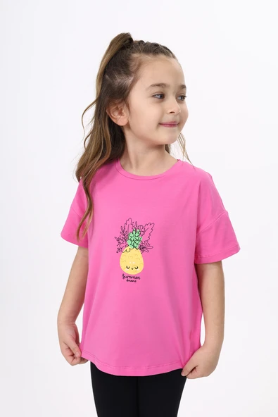 Toontoy Kız Çocuk Baskılı Bisiklet Yaka Kısa Kollu Tişört ürün görseli 1