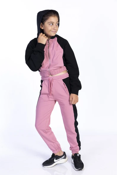 Toontoy Kız Çocuk 2'li Takım Kapüşonlu Fermuarlı Sweatshirt & Beli Paçası Lastikli Cepli Jogger Eşofman Altı - Renk Bloklu & 2 İplik ürün görseli 1