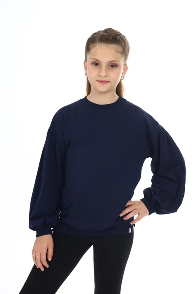 Toontoy Kız Çocuk Relax Fit Bisiklet Yaka Düşük Omuz Büzgülü Balon Kol Sweatshirt -  2 İplik ürün görseli 1