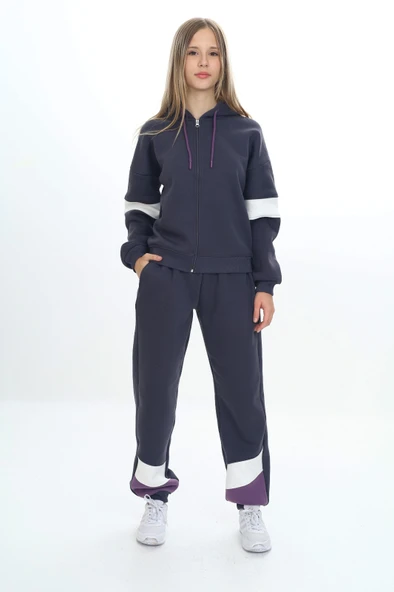 Toontoy Kız Çocuk 2'li Takım Kapüşonlu Fermuarlı Sweatshirt & Beli Paçası Lastikli Jogger Eşofman Altı - Garni Detaylı & 3 İplik Şardonlu ürün görseli 1