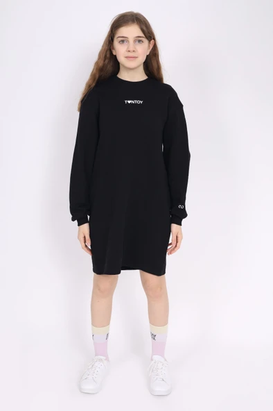 Toontoy Kız Çocuk Baskılı Oversize Bisiklet Yaka Uzun Kollu Elbise ürün görseli 1